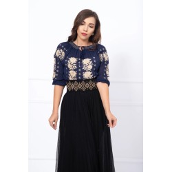 Ie traditionala din vascoza bleumarin cu broderie florala bej