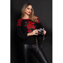 Bluza Effect neagra din vascoza cu broderie florala rosie si maneci bufante