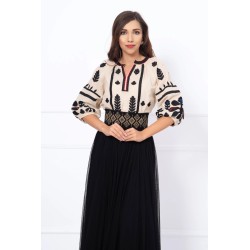 Bluza traditionala bej din in cu broderie florala