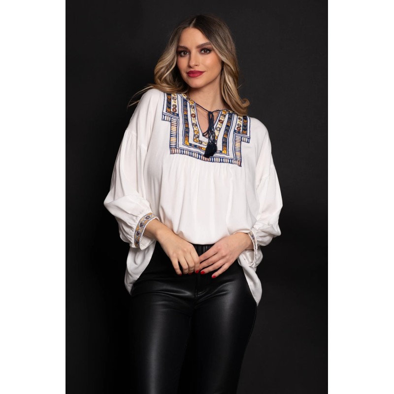 Bluza tip ie din bumbac cu broderie multicolora