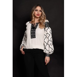 Ie traditionala alba cu benzi negre brodate aplicate