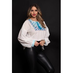 Bluza tip ie din bumbac cu broderie bleu