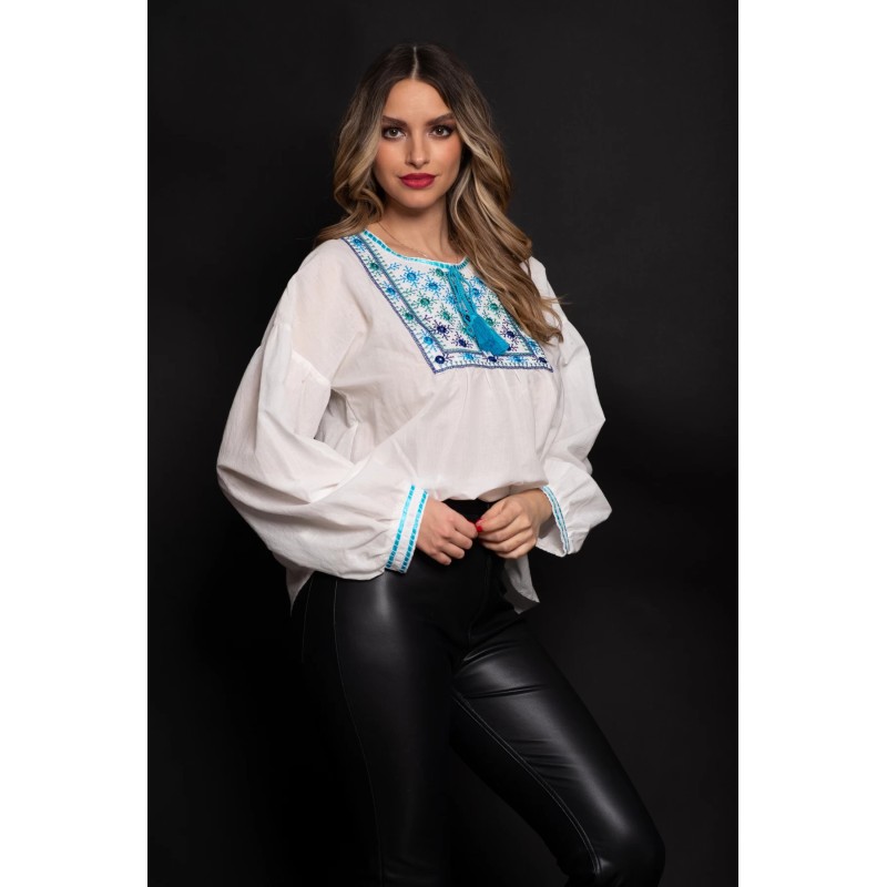 Bluza tip ie din bumbac cu broderie bleu