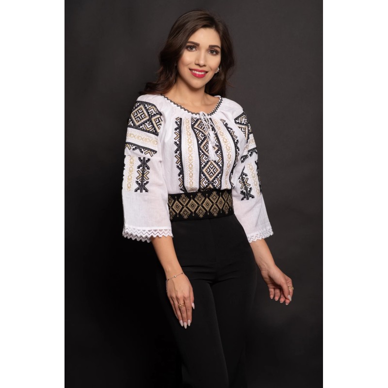Ie dama Catrina cu broderie neagra in romburi si fir aurit