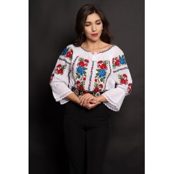 Ie traditionala dama din bumbac alb Loredana cu broderie multicolora