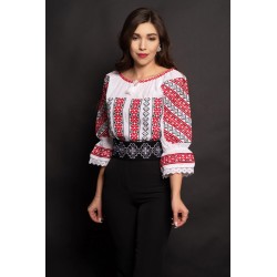 Ie traditionala dama Greta cu broderie bogata rosie geometrica