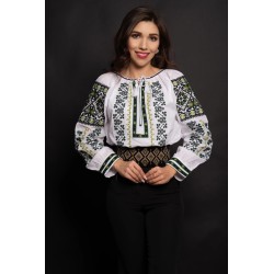 Ie traditionala Mirabela alba din bumbac cu broderie verde inspirata din motive folclorice
