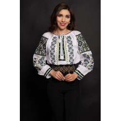 Ie traditionala Mirabela alba din bumbac cu broderie verde inspirata din motive folclorice