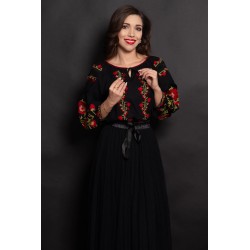 Ie traditionala neagra Aida cu maci rosii brodati