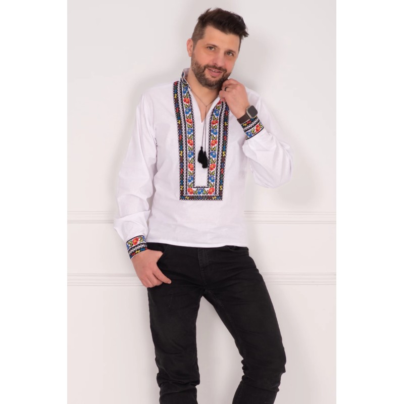 Ie barbateasca din bumbac alba cu motive populare multicolore