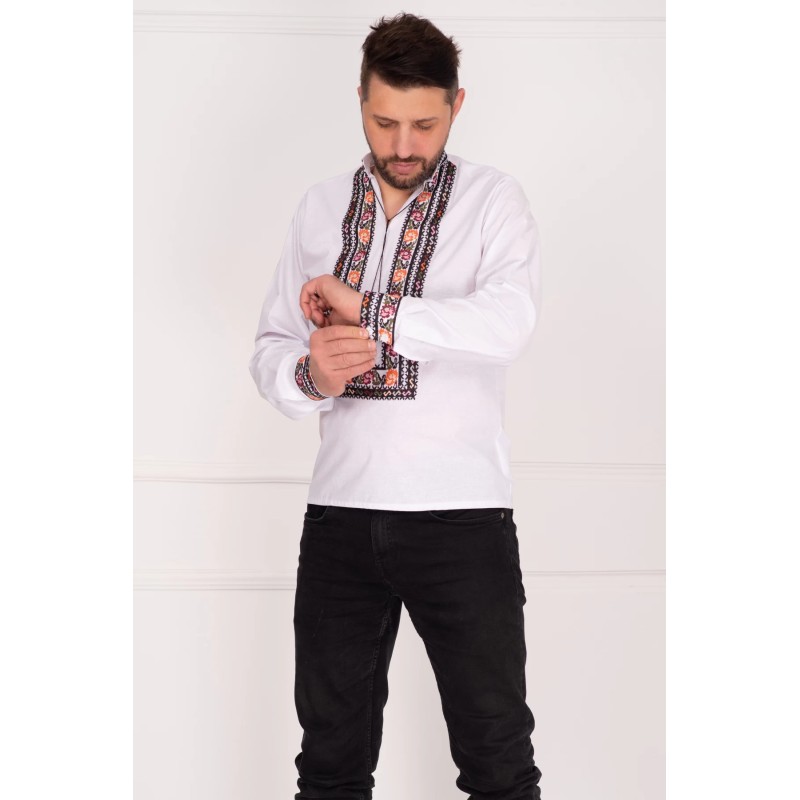 Ie barbateasca din bumbac alba cu motive populare