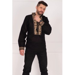 Ie barbateasca traditionala neagra din bumbac cu broderie din matase aurie