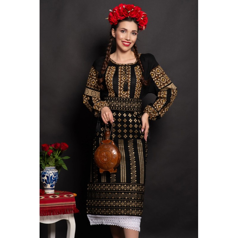 Ie dama neagra Rafira cu broderie traditionala cu simbolul rombului