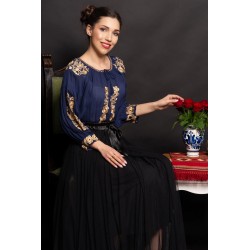 Ie dama traditionala bleumarin Minodora cu broderie aurie