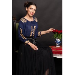Ie dama traditionala bleumarin Minodora cu broderie aurie