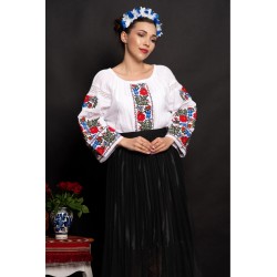 Ie traditionala dama cu broderie florala si benzi din dantela de bumbac