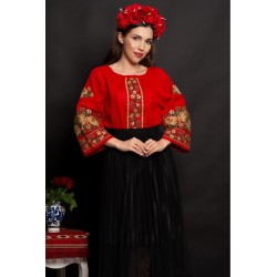 Ie traditionala rosie Lioara cu maneca clopot si trandafiri brodati