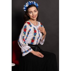 Ie dama traditionala Felicidad din bumbac cu trandafiri rosii si albastri