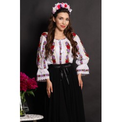 Ie dama traditionala Felicidad din bumbac cu trandafiri rosii si lila