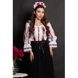 Ie dama traditionala Felicidad din bumbac cu trandafiri rosii si lila