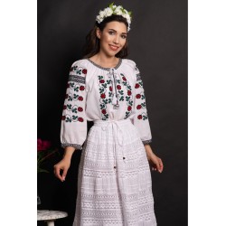 Ie dama traditionala din bumbac Clemente cu flori brodate