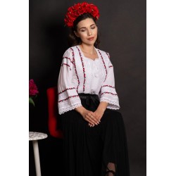 Ie bucovineana alba din bumbac cu floricele brodate