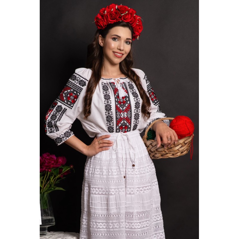 Ie dama alba din bumbac Angelita cu broderie traditionala