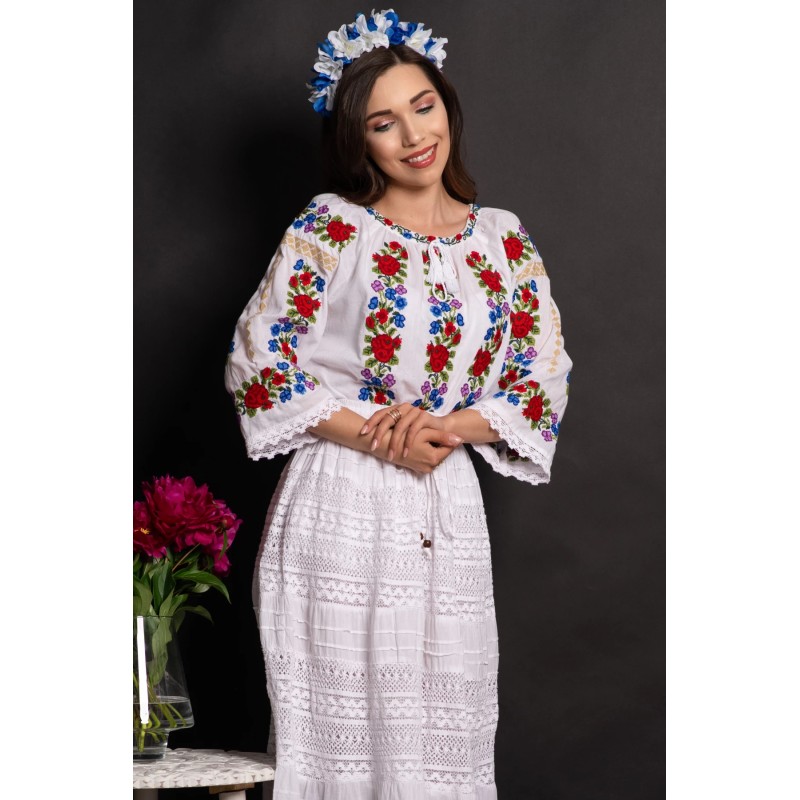 Ie dama alba din bumbac Anabela cu broderie florala