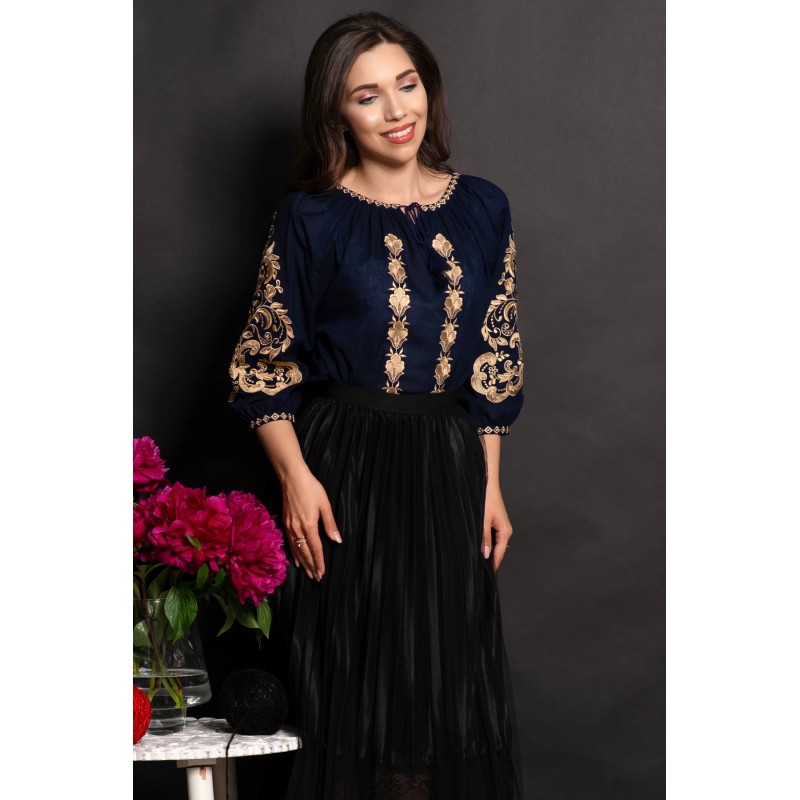 Ie bleumarin traditionala Savanna cu gladiole brodate