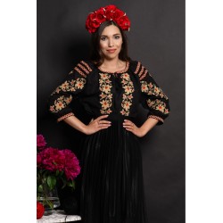 Ie dama traditionala neagra Roana din bumbac cu narcise brodate