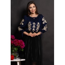 Ie dama traditionala bleumarin Lucretia cu flori bej brodate