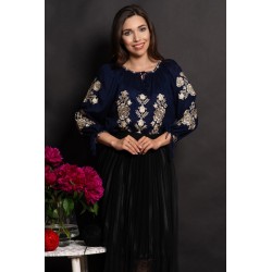 Ie dama traditionala bleumarin Lucretia cu flori bej brodate