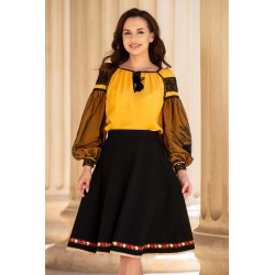 Bluza mustar brodata cu motive traditionale si tul negru