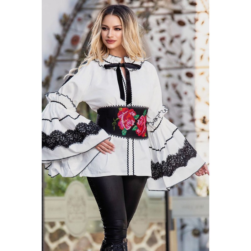 Bluza tip ie alba traditionala cu insertii din dantela