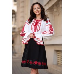 Bluza tip ie alba cu motive traditionale florale rosii