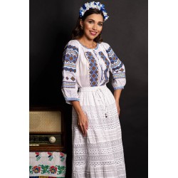 Ie dama alba din bumbac Adelina cu broderie albastra si simbolul rombului