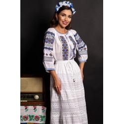 Ie dama alba din bumbac Adelina cu broderie albastra si simbolul rombului