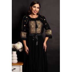 Ie neagră traditionala din bumbac Sarai cu broderie aurie si paiete discrete