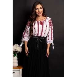 Ie alba din bumbac Marioara cu broderie rosie traditionala