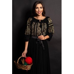 Ie traditionala neagra din bumbac Carina cu broderie aurie