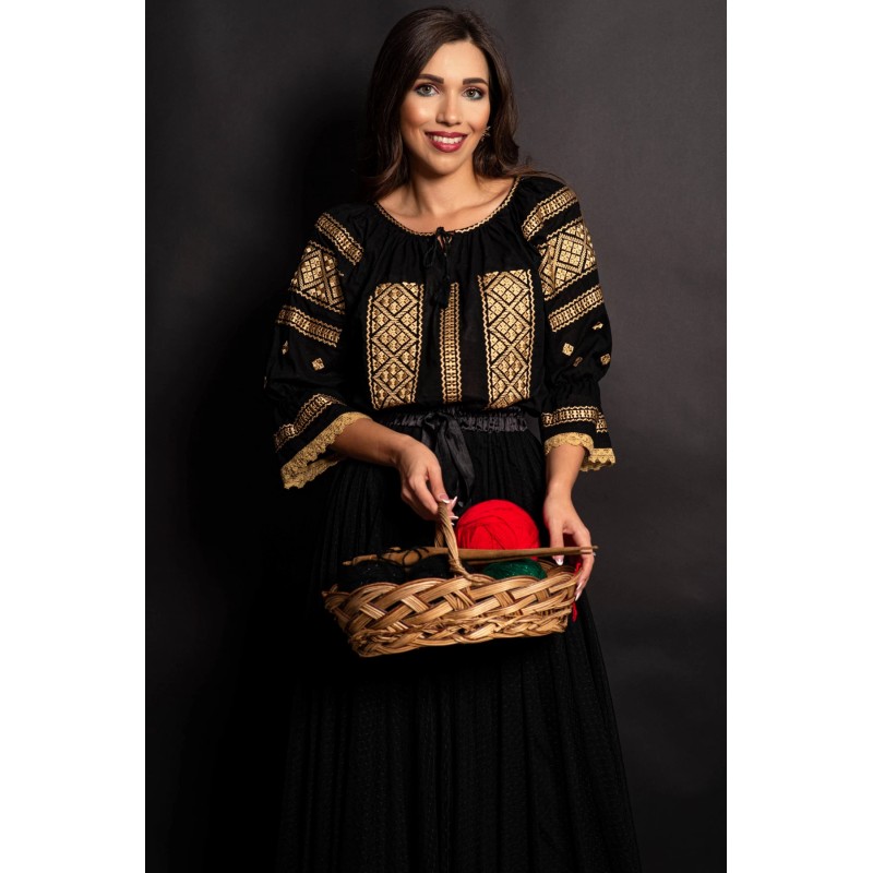 Ie dama din bumbac Sorina neagra cu broderie aurie