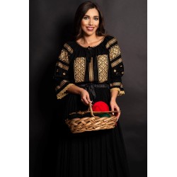 Ie dama din bumbac Sorina neagra cu broderie aurie