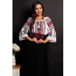 Ie traditionala alba din bumbac Marilena cu broderie florala bogata