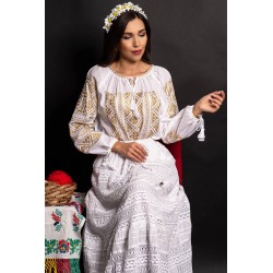 Ie dama alba din bumbac Celeste brodata cu fir auriu