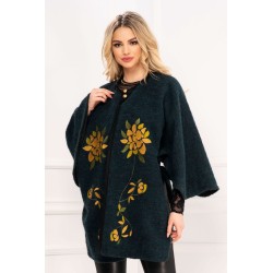 Capa eleganta turquoise din lana cu broderie mustar