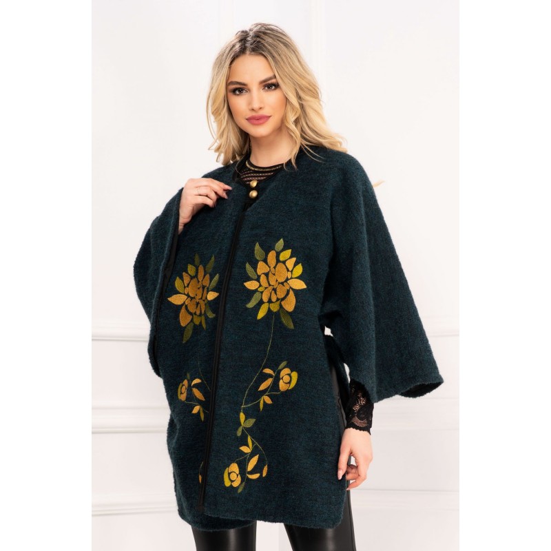 Capa eleganta turquoise din lana cu broderie mustar