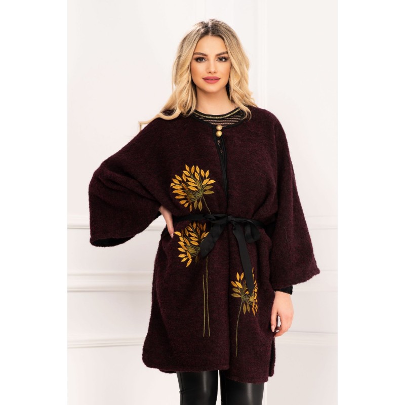 Capa eleganta grena din lana cu broderie mustar