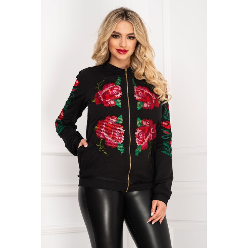 Jacheta neagra din bumbac cu broderie colorata traditionala