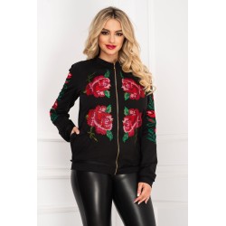 Jacheta neagra din bumbac cu broderie colorata traditionala