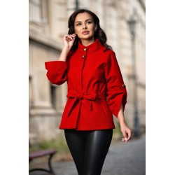 Jacheta Effect din catifea rosie cu maneca reglabila si guler inalt